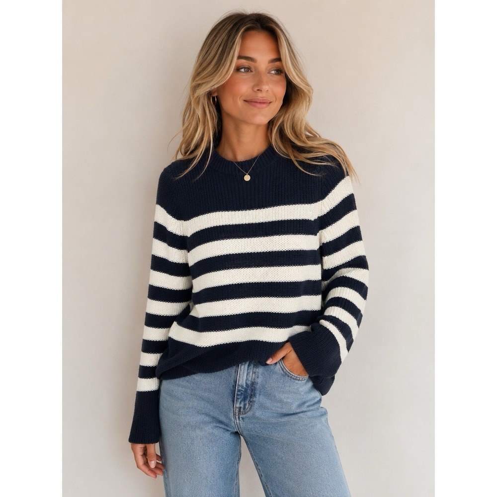 Talbots Chunky Knit 100% Cotton Sweater Navy Cream Striped Women's Size Medium